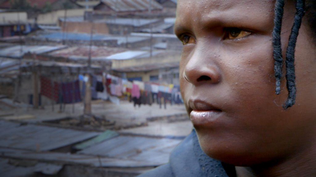 A composite image of a woman and a township