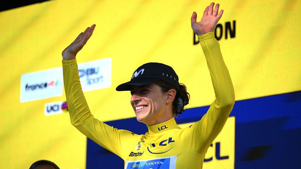 Marlen Reusser of Switzerland and Team Movistar celebrates at podium as Yellow Leader Jersey winner during the 5th Tour de France Femmes 2026, Stage 4 a 21km individual time trial stage from Gevrey-Chambertin to Dijon
