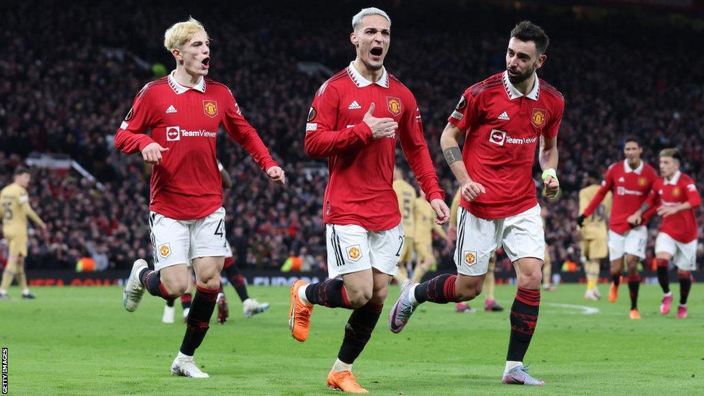 Alejandro Garnacho, Antony and Bruno Fernandes celebrate at Old Trafford