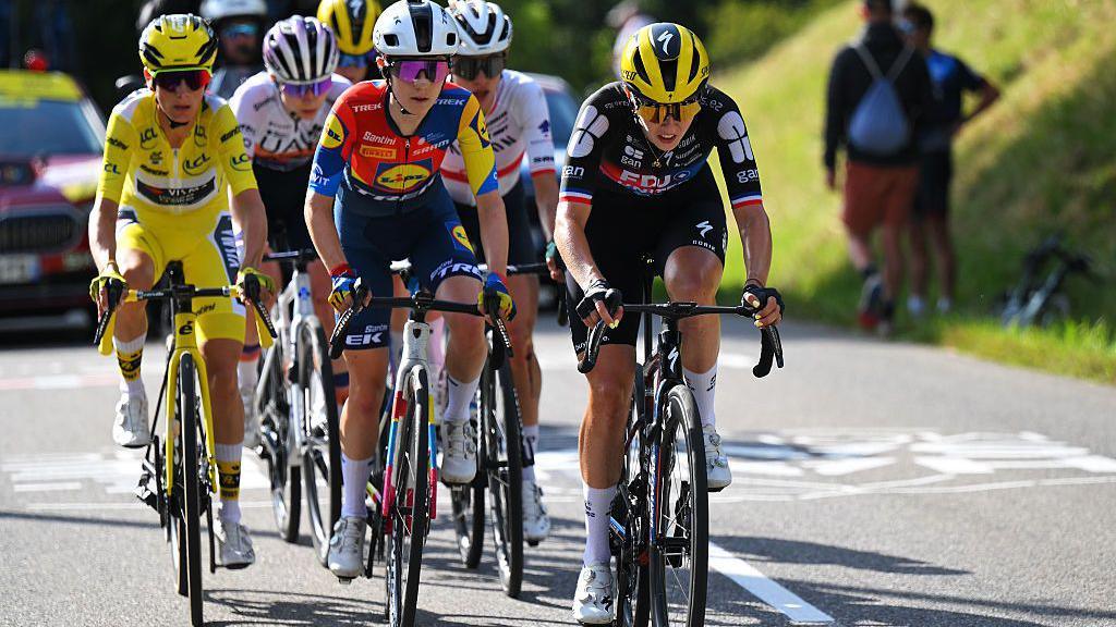 A pack of elite cyclists stay close together at the Tour de France Femmes last year.