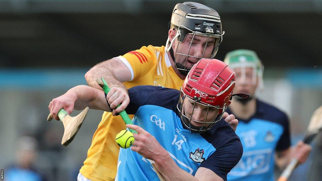 Dublin's Liam Murphy battles with Antrim's Ryan McGarry at Parnell Park