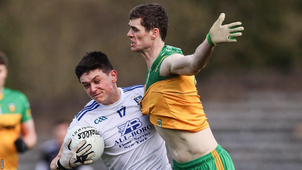 Donegal's Caolan Ward challenges Monaghan's Gary Mohan