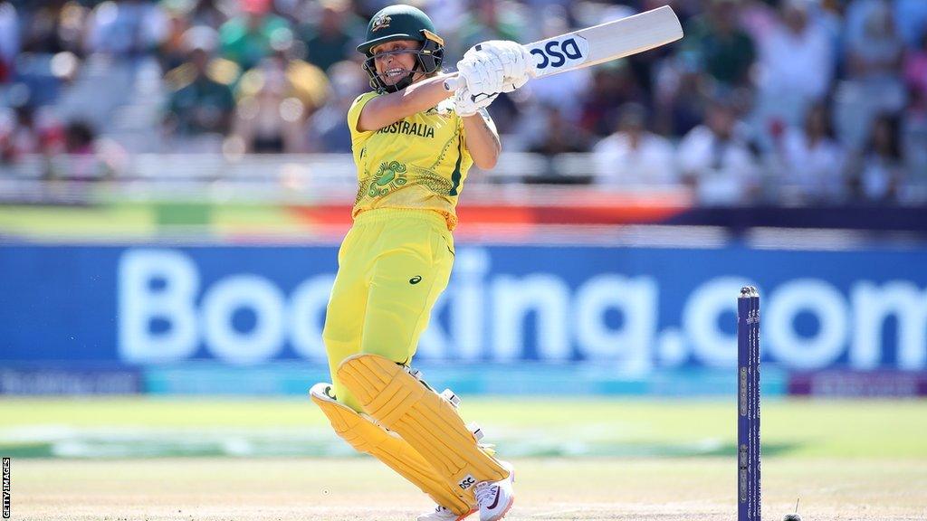 Australia's Ash Gardner plays a shot through the leg side at the T20 World Cup