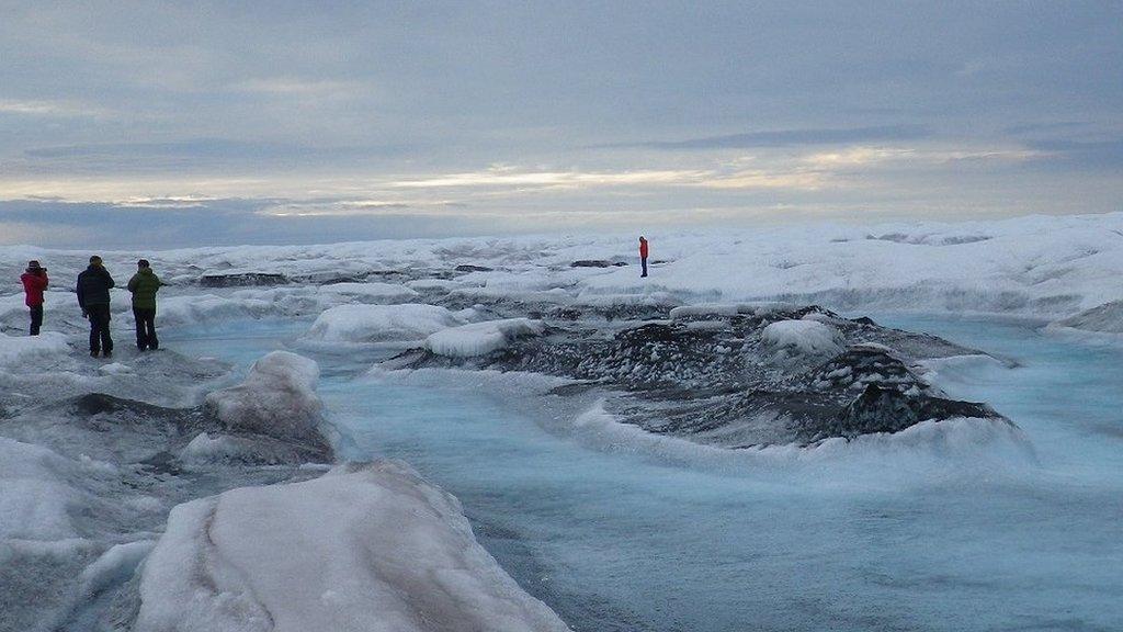 Some of the research team in the Dark Zone on the western edge of the Greenland Ice Sheet.