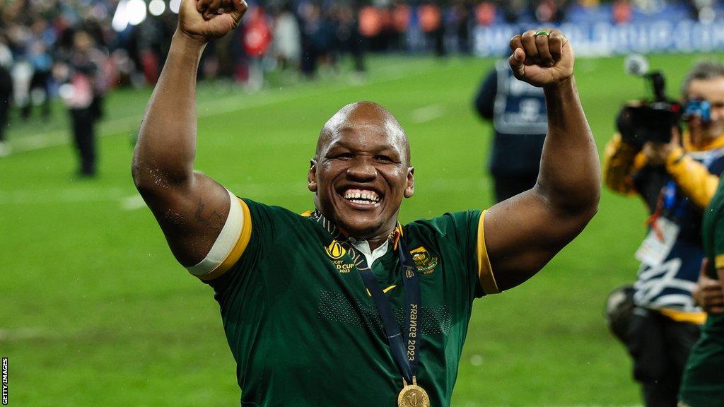 Bongi Mbonambi celebrates after South Africa won the Rugby World Cup