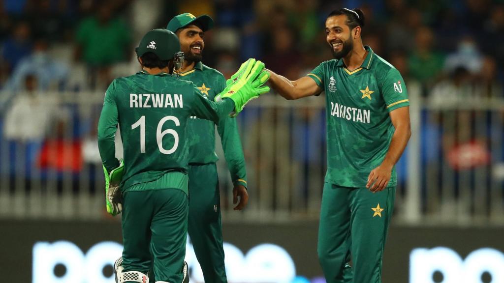 Pakistan players celebrate a wicket against Scotland