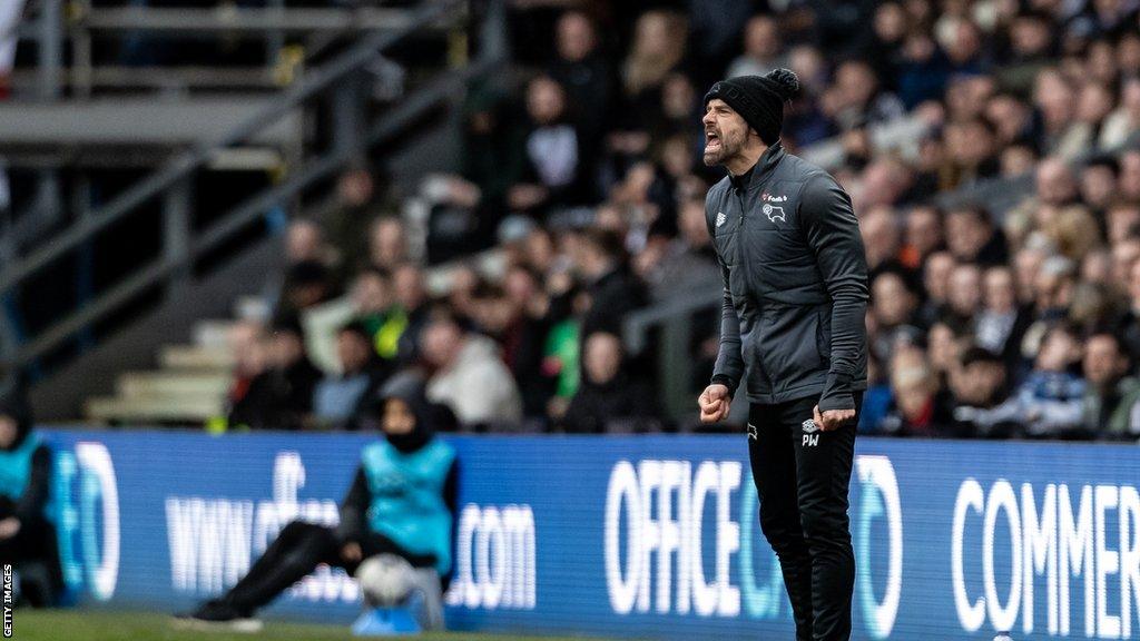 Derby County manager Paul Warne shouting from his technical area during their match against Bolton in March