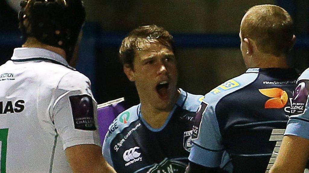 Blaine Scully celebrates after scoring for Cardiff Blues