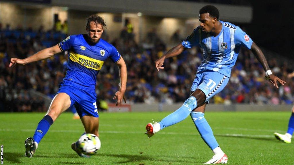 USA international Haji Wright playing in Coventry's 2-1 defeat to AFC Wimbledon in the EFL Cup