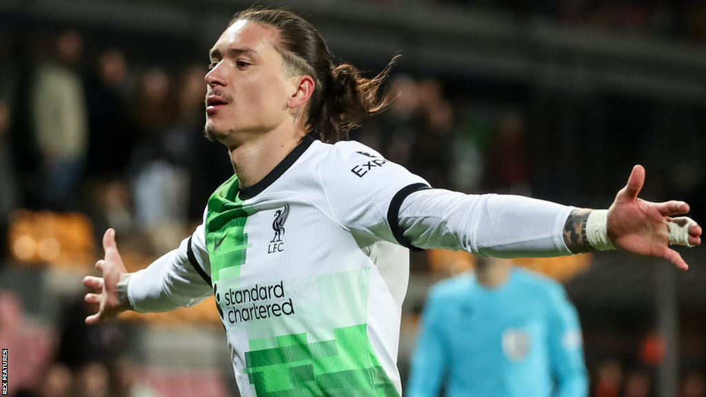 Darwin Nunez celebrates scoring for Liverpool against Sparta Prague in the Europa League