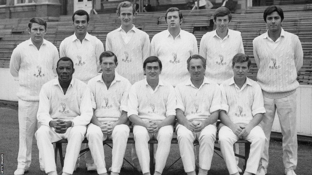 The 1969 County Championship winning Glamorgan team from left to right (back row) Eifion Jones (wicketkeeper),Bryan Davis, Malcolm Nash, Lawrence Williams, Roger Davis and Majid Jahangir Khan (front row sitting) Tony Cordle, Peter Walker, Tony Lewis (Captain), Don Shepherd and Alan Jones