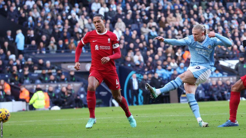 Erling Haaland scores against Liverpool