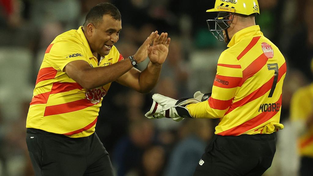 Trent Rockets players Samit Patel (left) and Tom Moores (right) celebrate a wicket