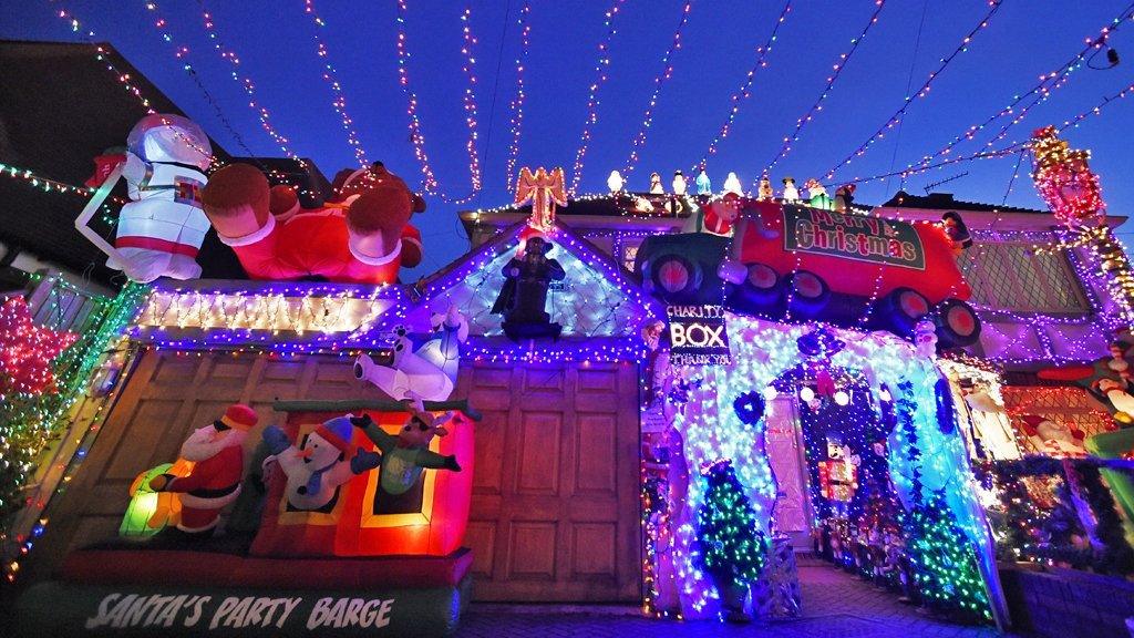 London house covered in Christmas lights