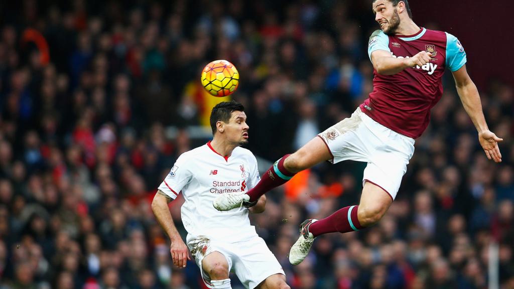 Andy Carroll of West Ham scores