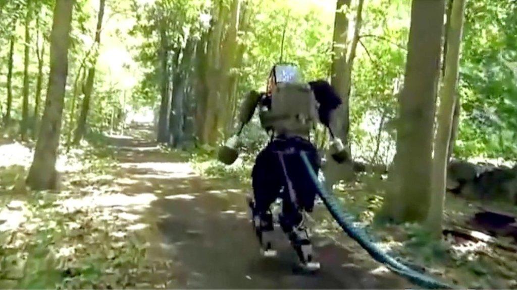 This six foot robot can mimic the movement of humans and animals to walk on uneven ground