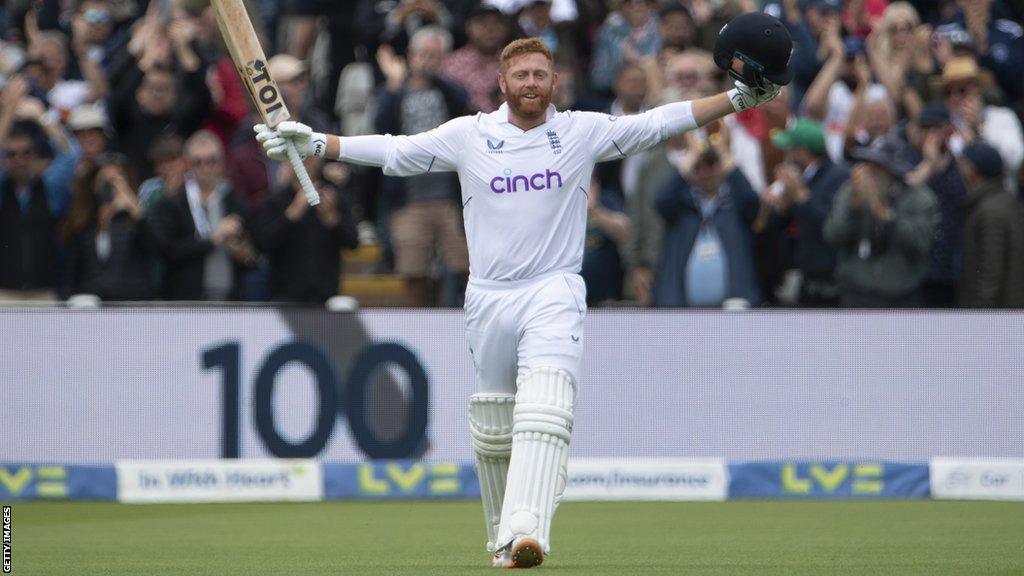 Jonny Bairstow celebrates hitting a century against India at Edgbaston in 2022