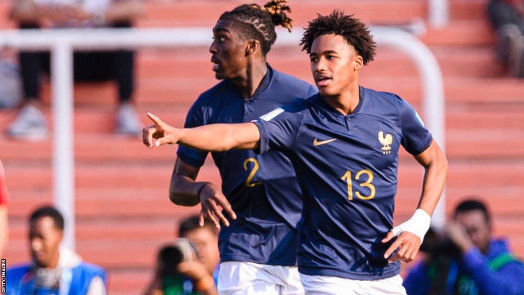 Wilson Odobert celebrates scoring for France at the Under-20 World Cup