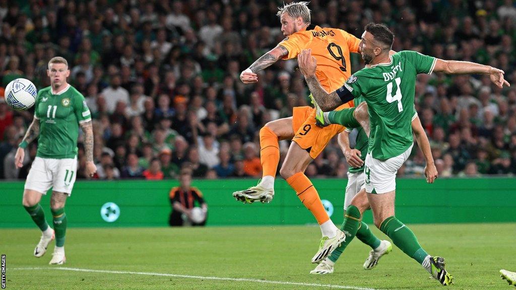 Wout Weghorst gets in front of Republic defender Shane Duffy to score the Netherlands' winner in Dublin two months ago