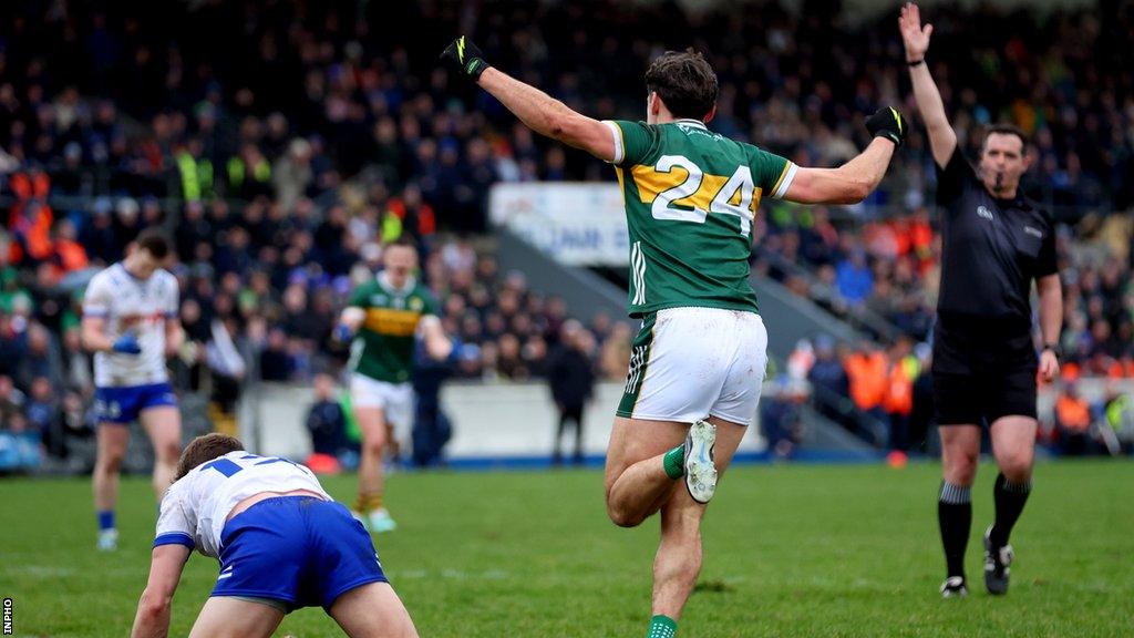 David Clifford celebrates after scoring a goal in Kerry's win over Monaghan