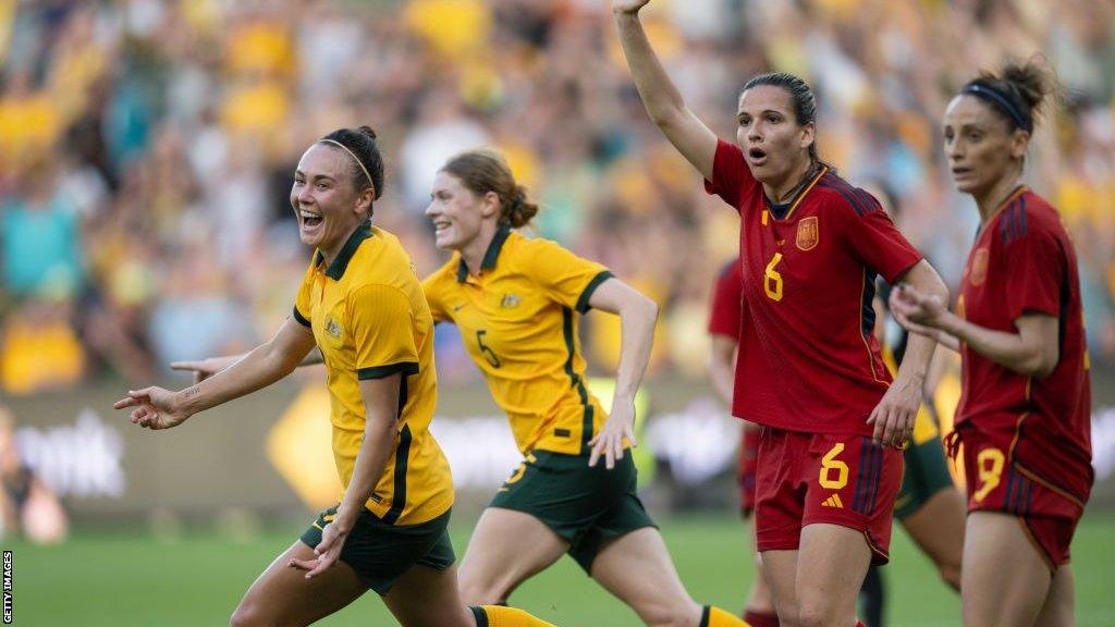 Caitlin Foord celebrates scoring against Spain