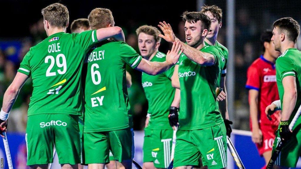 Ireland players celebrate Luke Madeley's strike