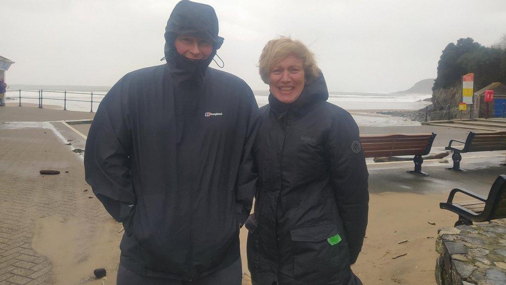 Walkers at Caswell bay say winds high but damage not as bad as previous storms. "It's definitely been worse here over the past twenty years. Roofs still on! " Sean and Ruth Dwyer, 57 and 52 - quote is from Sean. They live on Caswell bay and say this storm isn't nearly as bad as what they saw in 2018.