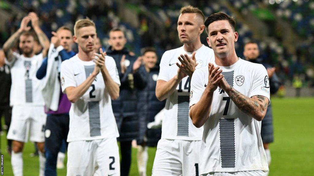 Slovenia players celebrate after the game at Windsor Park