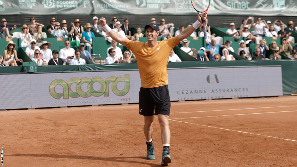 Andy Murray raises his arms in celebration