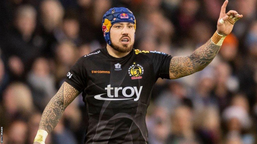 Jack Nowell makes a point in action for Exeter