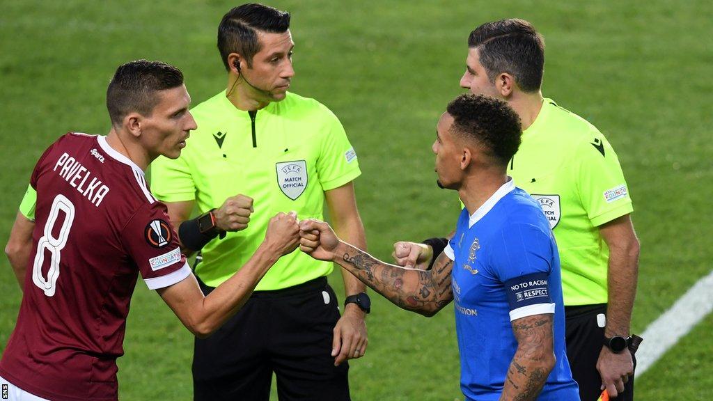 Sparta Prague's David Pavelka greets Rangers captain James Tavernier