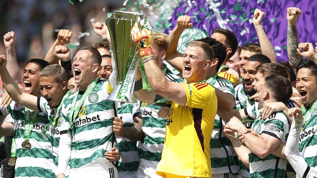 Celtic lift the Scottish Premiership trophy