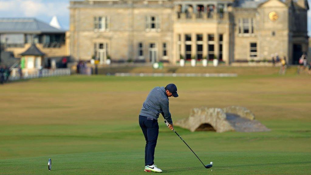 Rory McIlroy taking a driver off the tee at the 18th during the 150th Open Championship