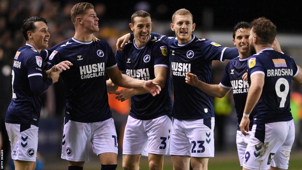 Charlie Cresswell celebrates his fifth goal of the season with his Millwall team-mates