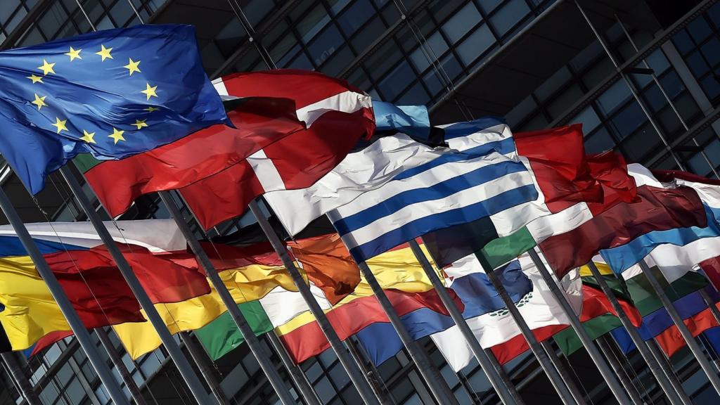 Flags of the European Union fly outside the European Parliament on May 11, 2016 in Strasbourg, France