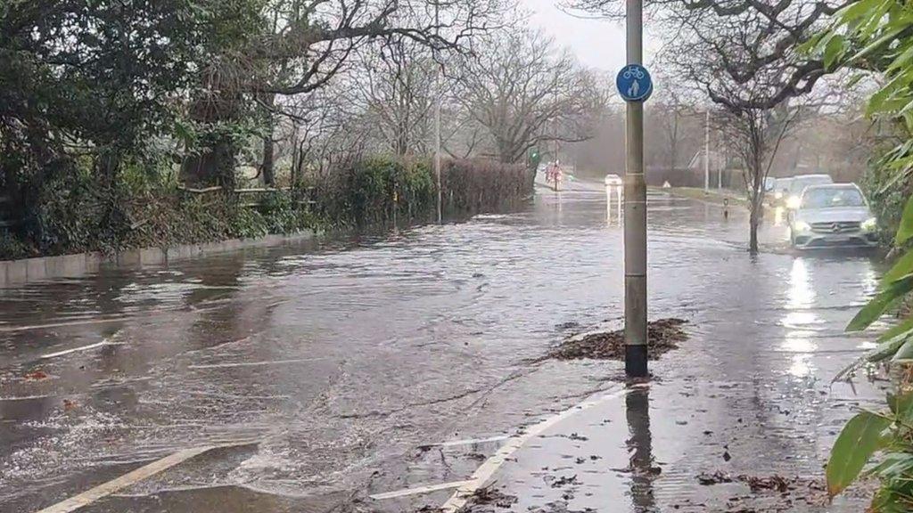 flooded road in Dorset