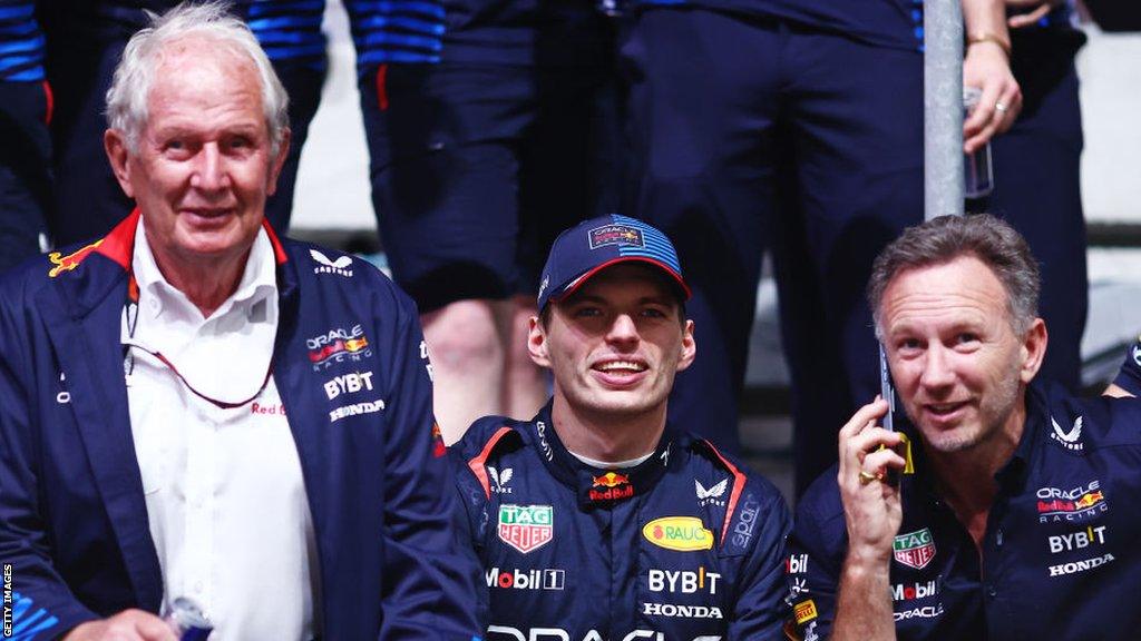 Helmut Marko (left), Max Verstappen (centre) and Christian Horner