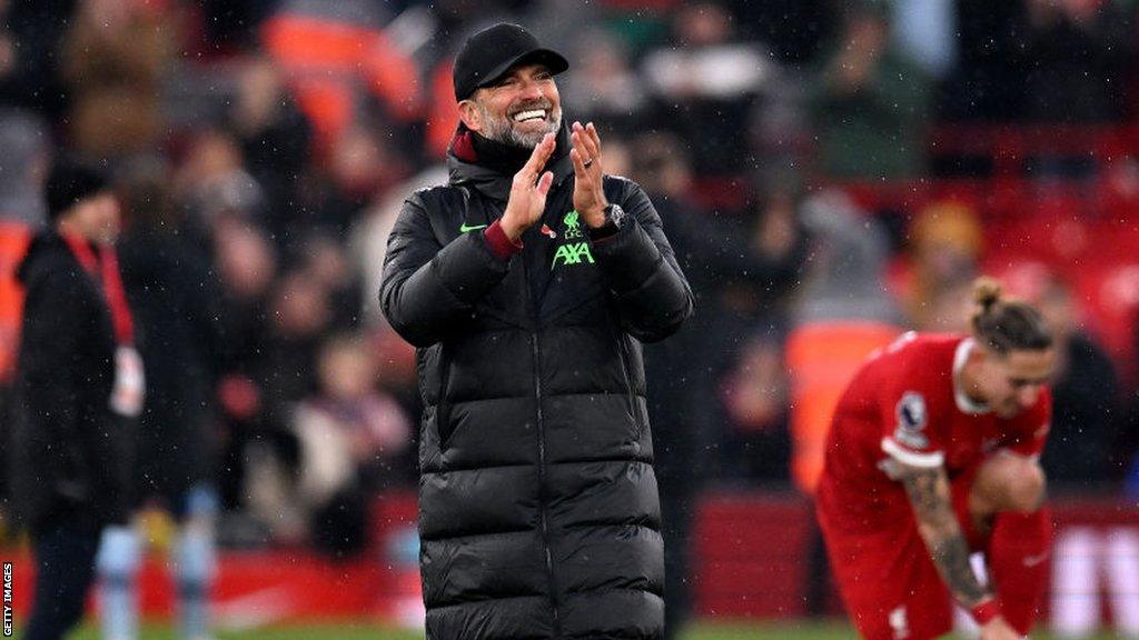 Jurgen Klopp applauds the fans after Liverpool beat Brentford