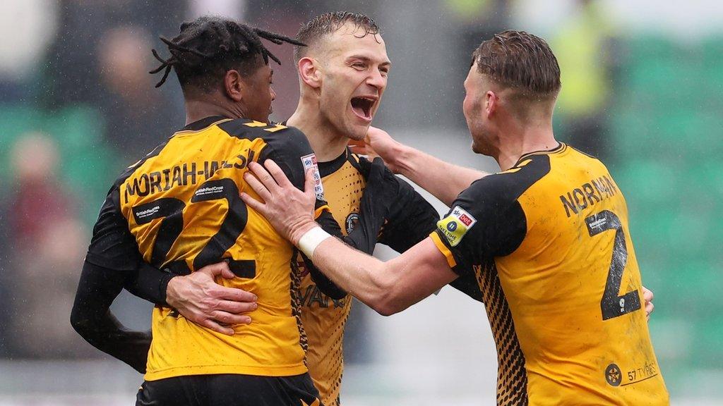 Newport celebrate their equaliser against Bradford