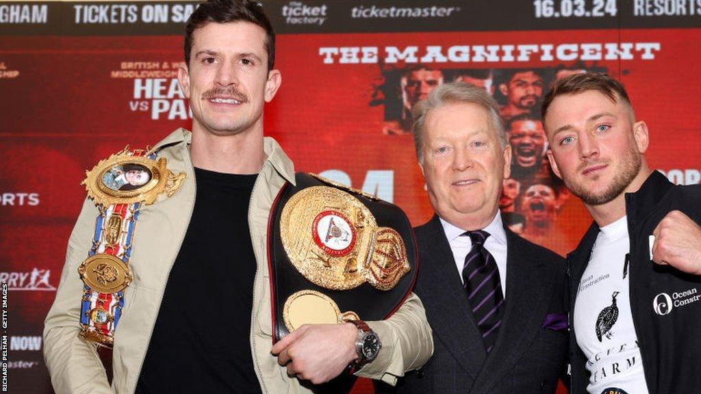 Nathan Heaney, Frank Warren and Brad Pauls pose before Saturday's fight in Birmingham