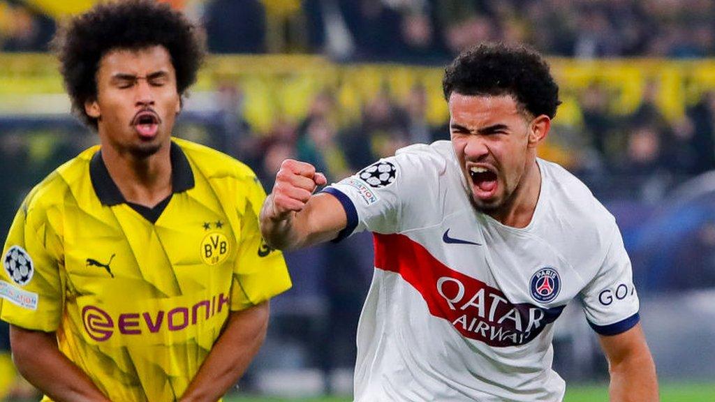 Warren Zaire-Emery celebrates scoring PSG's equaliser at Dortmund