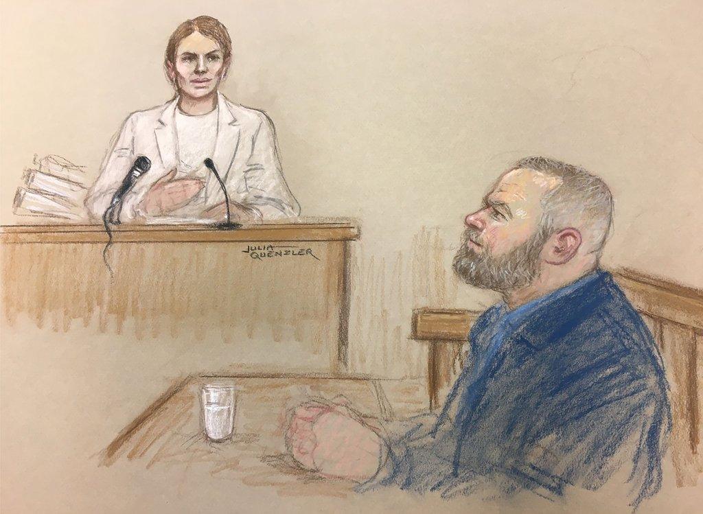 A courtroom sketch of Coleen Rooney in the witness box, as her husband Wayne watches on