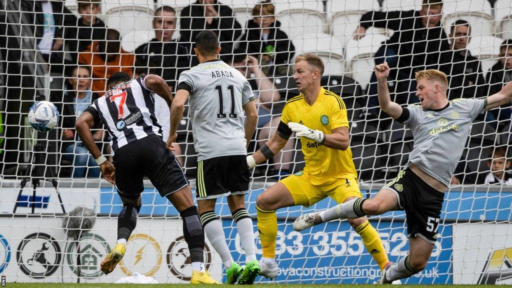 Jonah Ayunga scores for St Mirren against Celtic