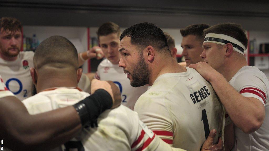 Ellis Genge leads team talk in England dressing room, 2023 Six Nations.