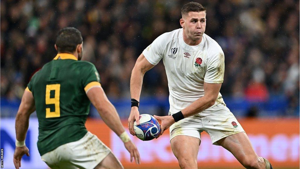 England's Freddie Steward looks to throw a pass against South Africa