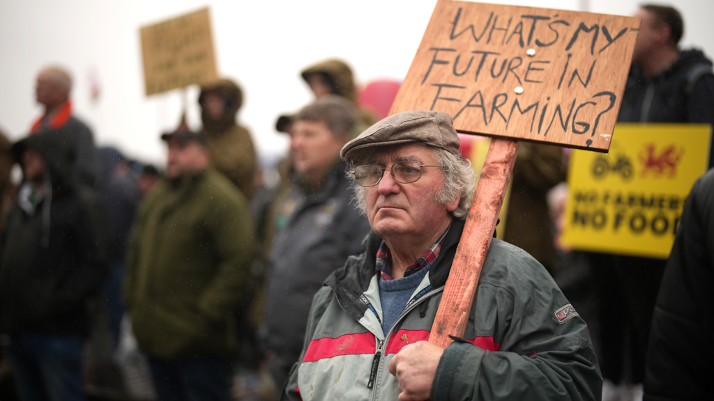 A protester holds a placard reading "What's my future in farming?" outside the Senedd