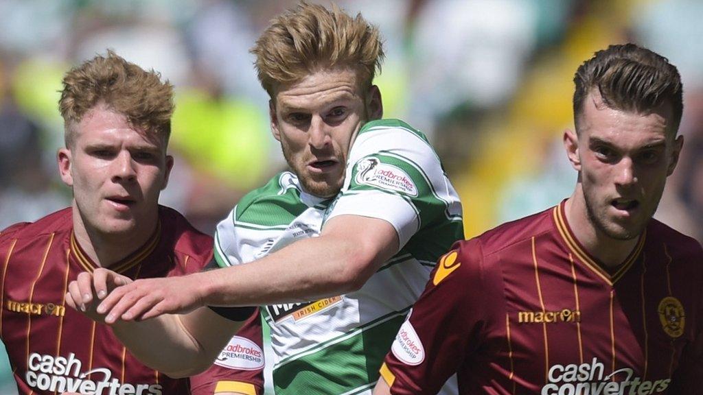 Celtic's Stuart Armstrong is sandwiched between two Motherwell players