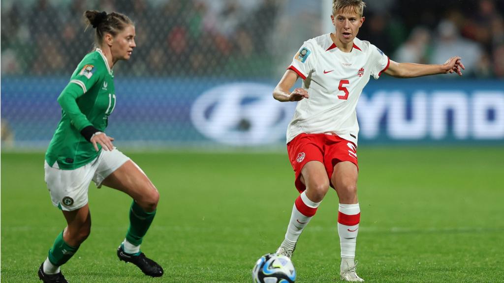 Quinn of Canada controls the ball against Sinead Farrelly of Republic of Ireland