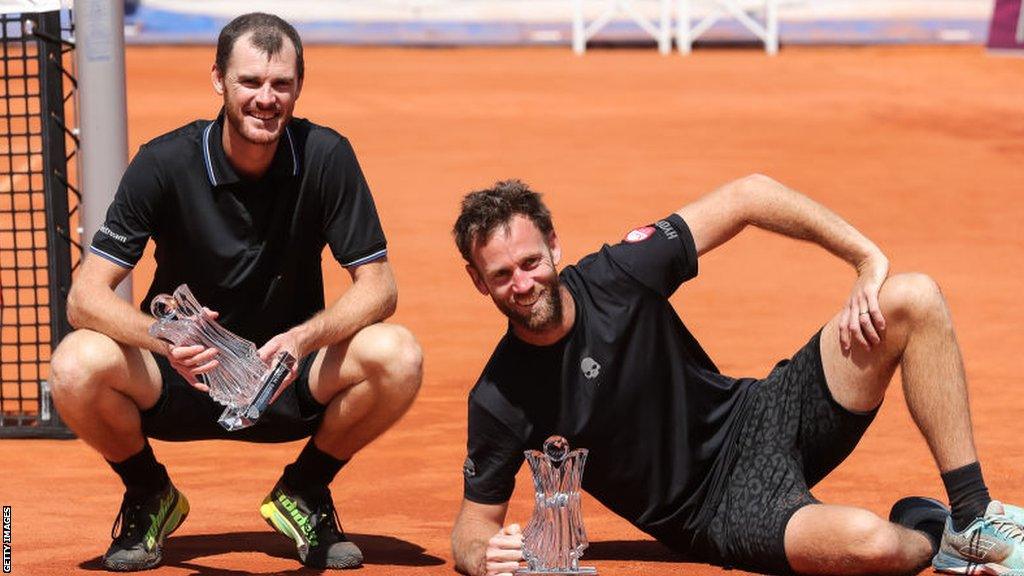 Jamie Murray and Michael Venus celebrate winning the ATP title in Banja Luka