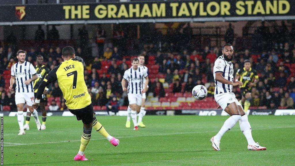 Tom Ince curls home the opener at Vicarage Road